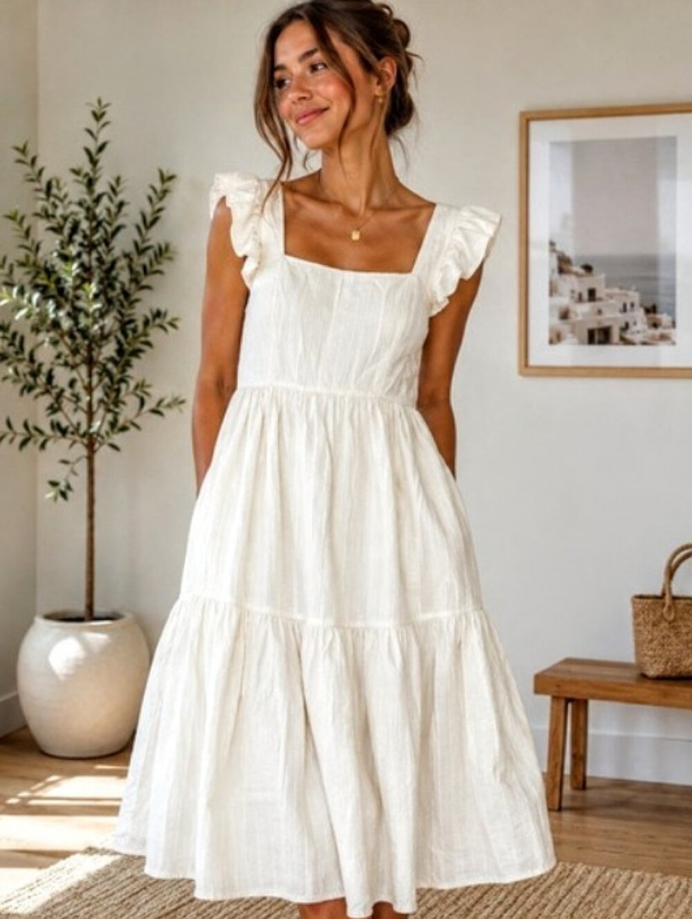 Madewell  Ruffle Strap Tiered Midi Dress Textural Stripe  In Ivory sz M